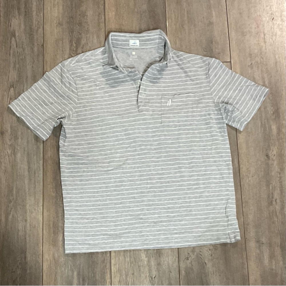 johnnie-O Light Gray Striped Polo Shirt, Size Medium
